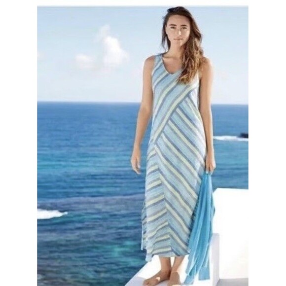 J. Jill Love Linen M Lotus Maxi Dress Striped Blue Green Resort Coastal Grandma - Picture 1 of 12